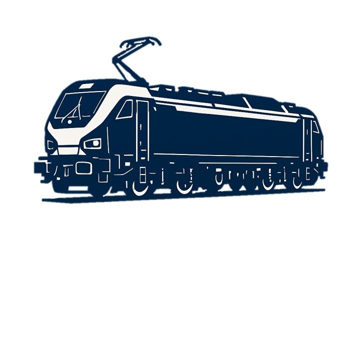 Logo Tf-Pruefer-Goerzen Schwarze Lokomotive mit Stromabnehmer, seitliche Ansicht auf weißem Hintergrund.