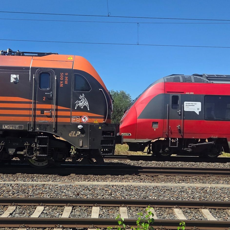 Zwei Züge auf zwei Gleisen Zwei Züge stehen sich auf parallel verlaufenden Gleisen gegenüber.